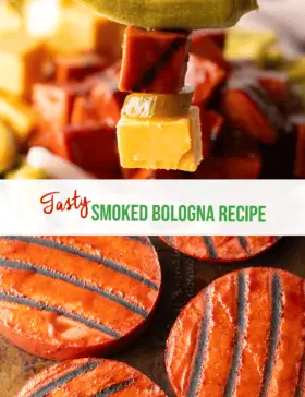 Pinterest-Grafik: Das obere Bild zeigt einen Zahnstocher mit einem Würfel Cheddarkäse, einem Würfel geräucherter Bologna und einer eingelegten Okra. Das untere Bild zeigt 3 geräucherte Bolognascheiben mit Grillstreifen. Die beiden Bilder sind durch ein weißes Banner in zwei Hälften geteilt, auf dem in Grün der Rezepttitel steht: Rezept für geräucherte Bologna