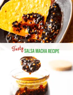 Pinterest-Grafik. Das obere Bild zeigt einen Tortillachip mit einer Kugel roter Salsa Macha. Das untere Bild zeigt einen Löffel, der Salsa Macha aus einem Glas in die Kamera hält. Die beiden Bilder sind horizontal durch ein weißes Banner getrennt, auf dem in Grün der Name des Rezepts steht: Salsa-Macha-Rezept.