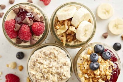 Overhead view of overnight oats with various toppings