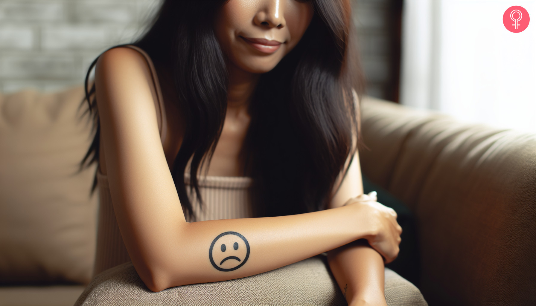 Ein Gesichts-Emoji-Tattoo auf dem Arm einer Frau