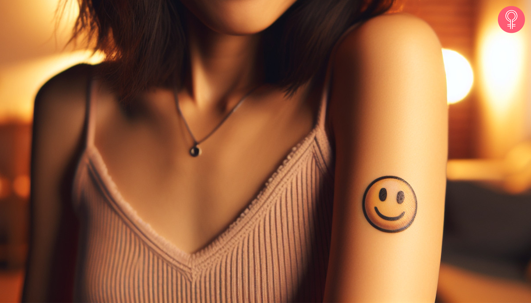 Ein Lächeln-Emoji-Tattoo auf dem Bizeps einer Frau