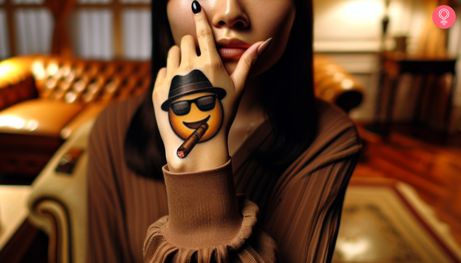 Ein Gangster-Emoji-Tattoo auf der Hand einer Frau