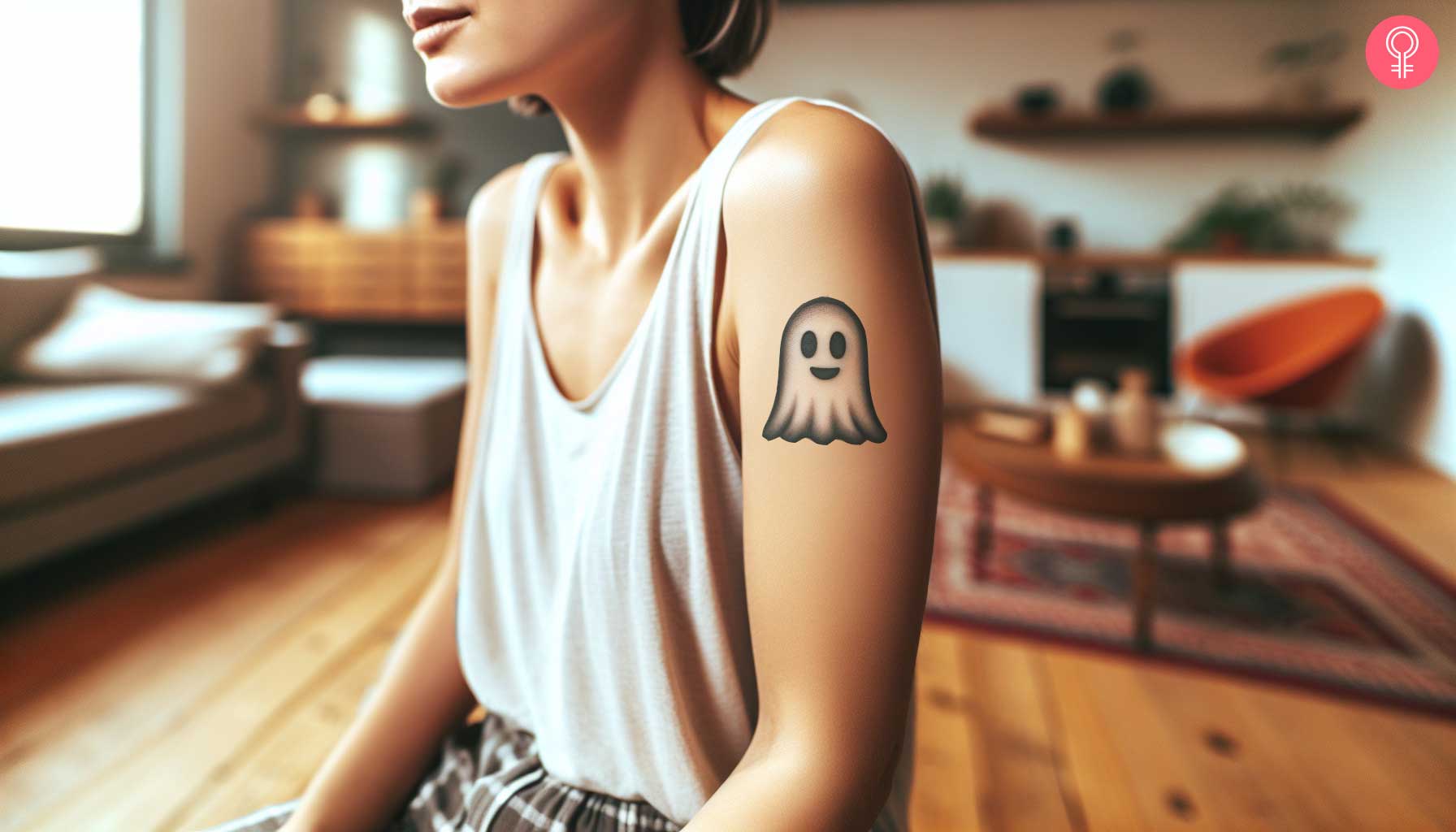 Eine Frau mit einem Geister-Emoji-Tattoo auf ihrem Bizeps