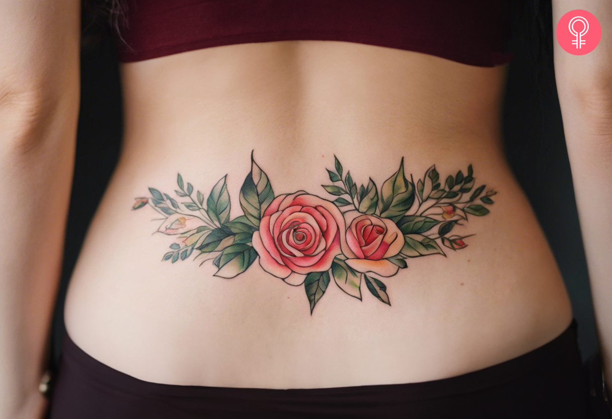 Eine Frau mit einem klassischen, floralen Cover-Up-Tattoo