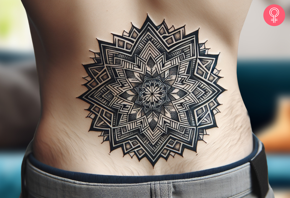 Ein Mann trägt ein Mandala-Tattoo auf dem unteren Rücken