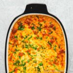 Buffalo chicken dip in a baking dish.