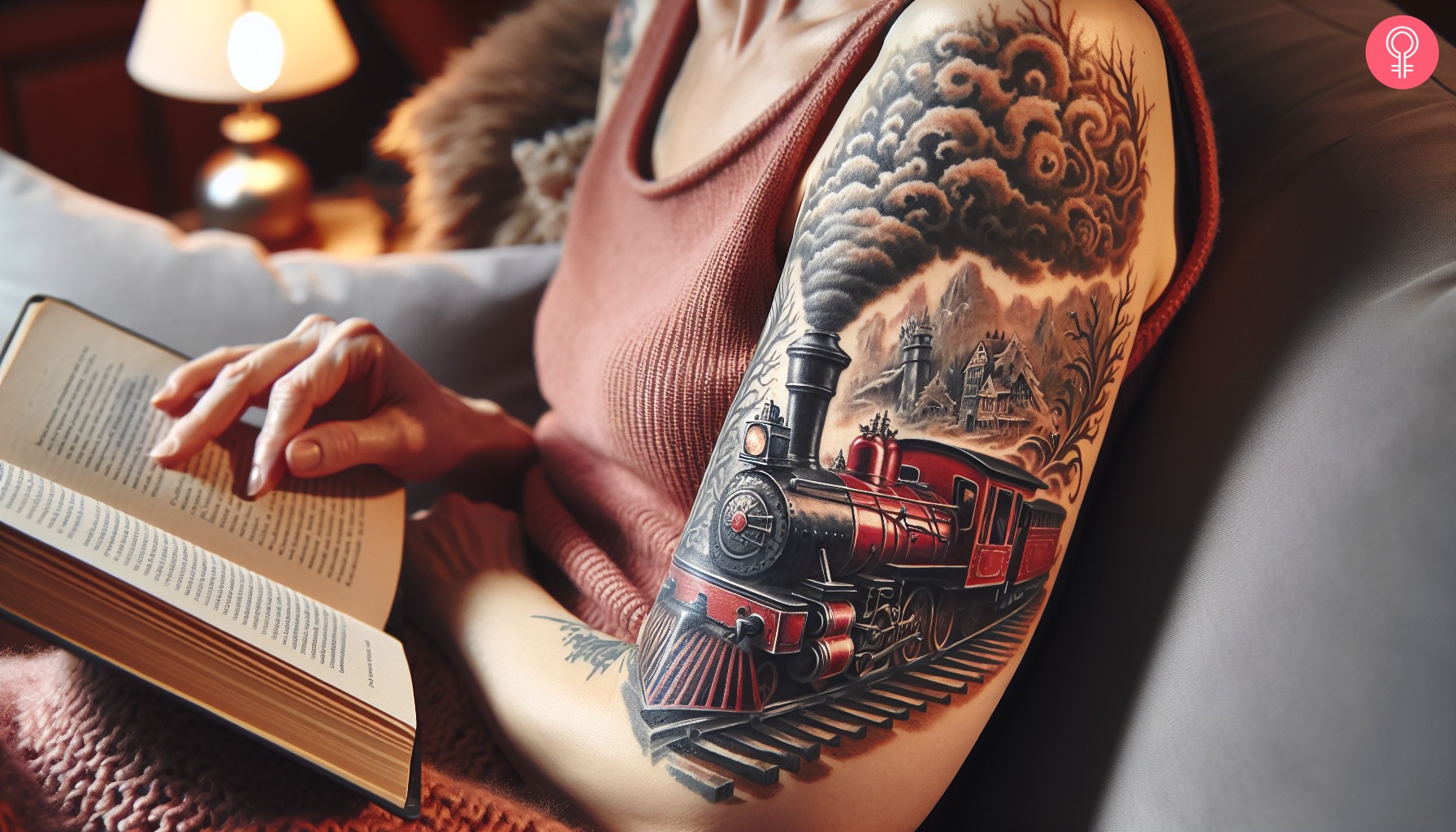 Eine Frau mit einem Hogwarts-Express-Tattoo auf ihrem Bizeps