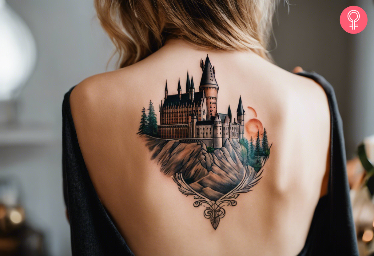 Eine Frau mit einem realistischen Hogwarts-Schloss-Tattoo auf dem Rücken