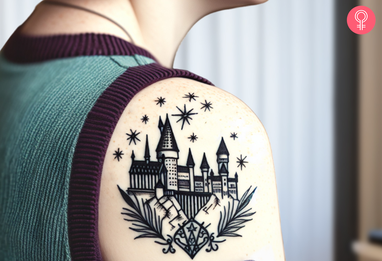 Eine Frau mit einem minimalistischen Hogwarts-Schloss-Tattoo auf ihrer Schulter