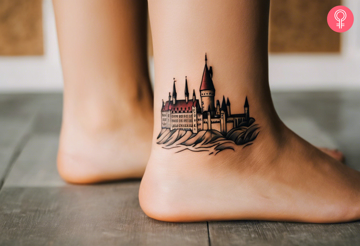 Eine Frau mit einem kleinen Hogwarts-Schloss-Tattoo am Knöchel