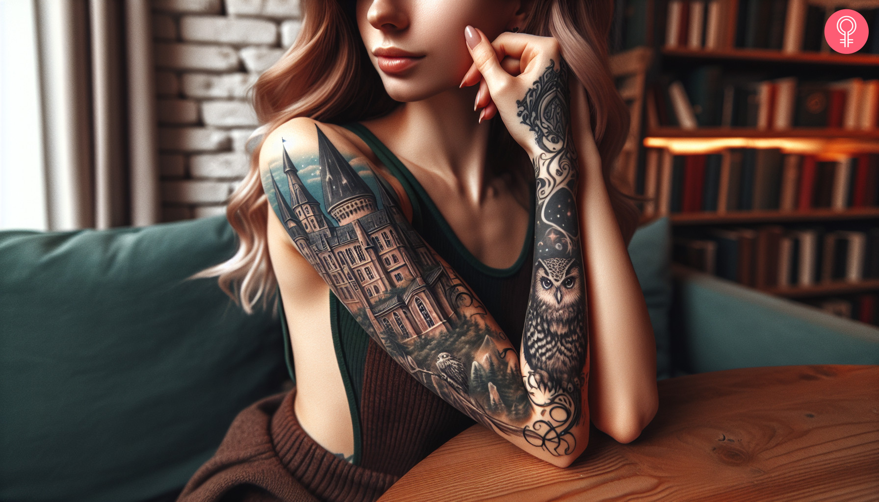 Eine Frau mit einem Hogwarts-Tattoo auf dem Arm