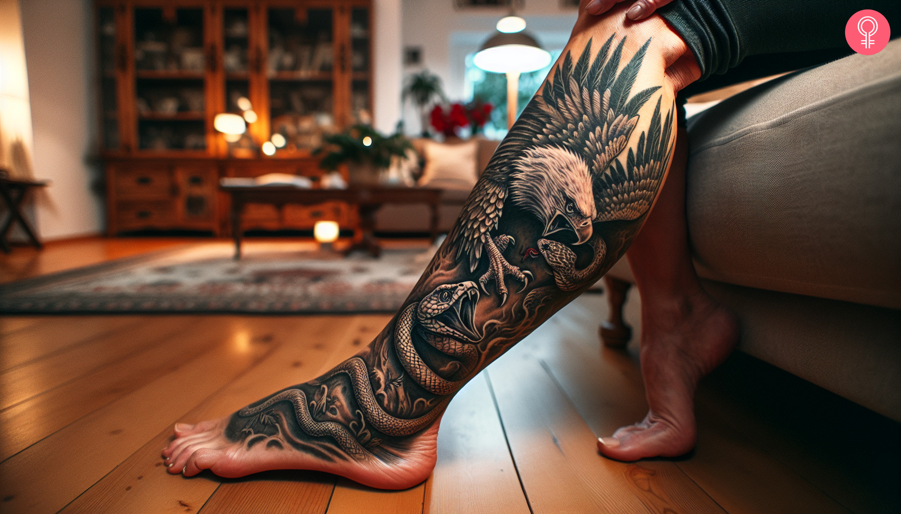 Eine Frau zeigt ein Tattoo mit einer Adler bekämpfenden Schlange auf ihrer Wade