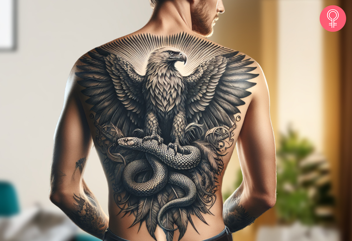 Ein Mann mit einem realistischen Adler- und Schlangentattoo auf dem Rücken