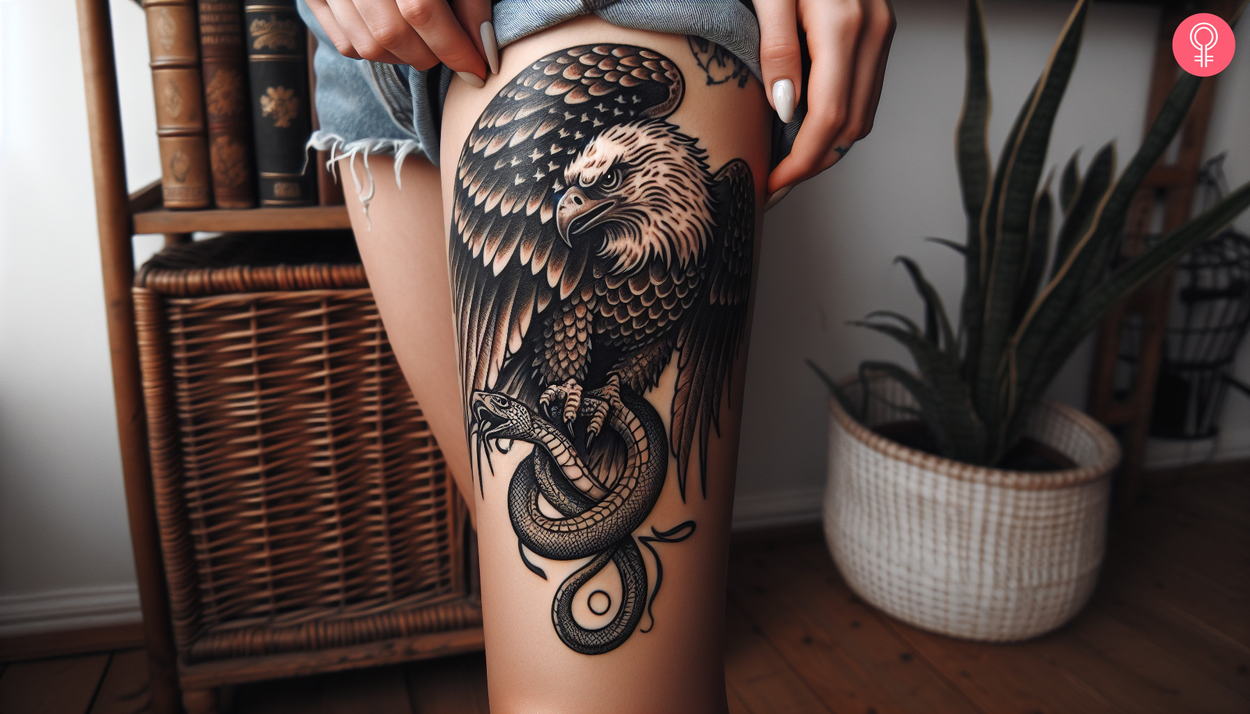 Eine Frau mit einem altmodischen Adler- und Schlangentattoo auf ihrem Oberschenkel