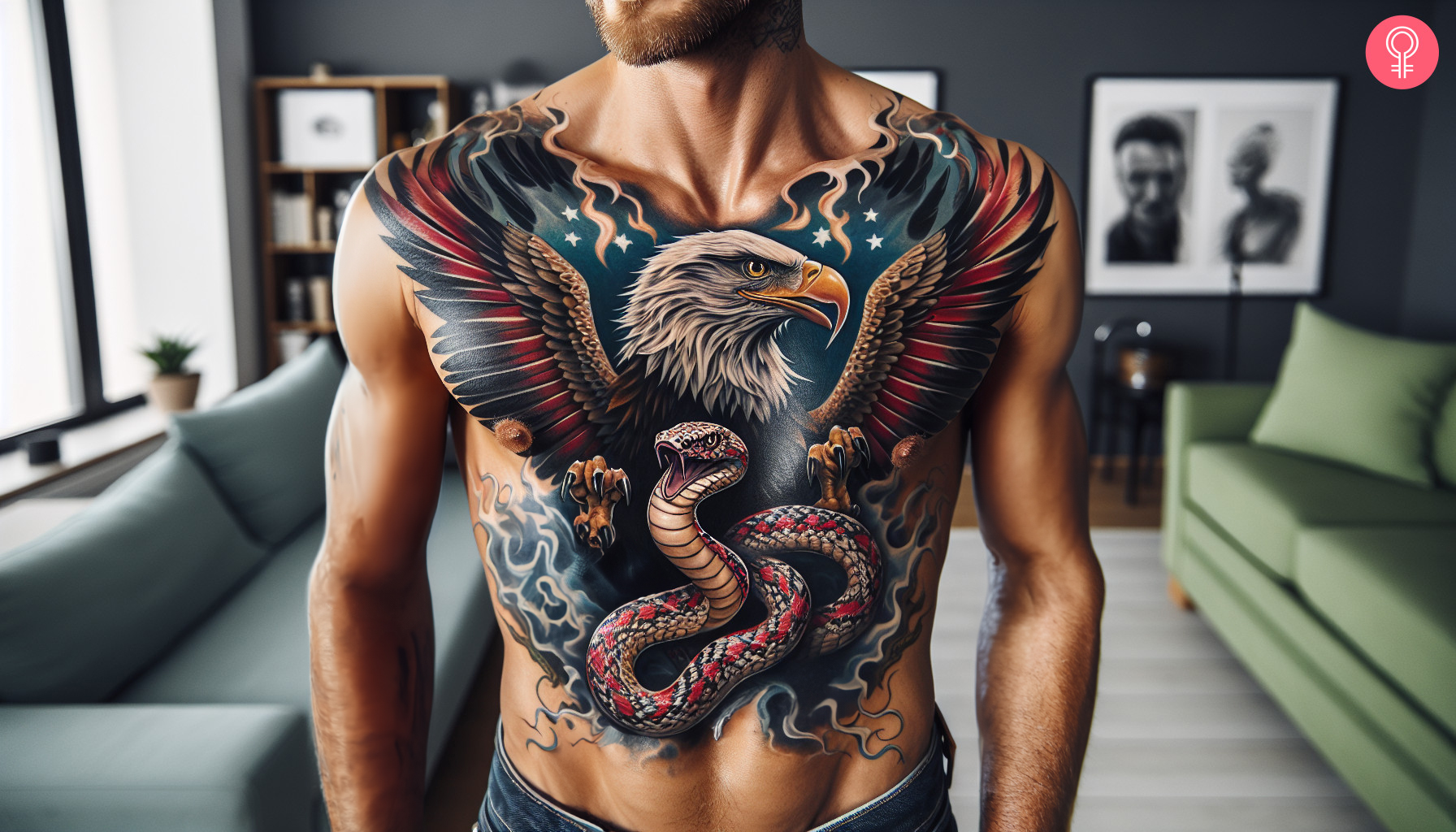 Ein Mann mit einem Adler- und Schlangentattoo auf der Brust