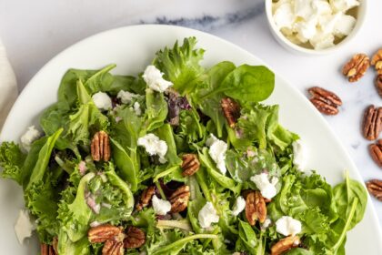 Green Salad with Goat Cheese, Maple-Glazed Pecans & Maple Dijon Vinaigrette with Striped Linen Napkin