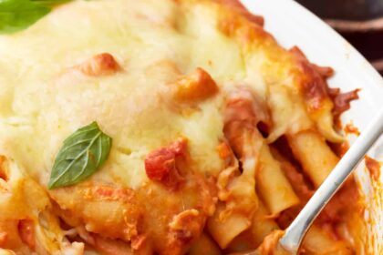 close up of baked ziti in a baking dish with a spoon.