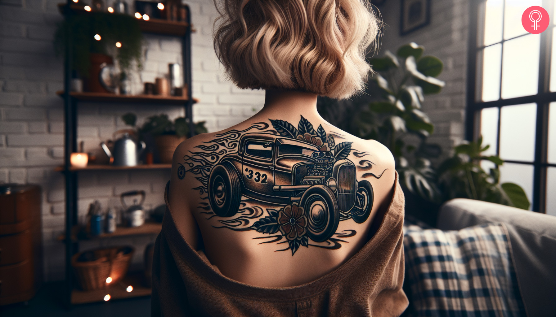 Eine Frau mit einem Hot Rod Tattoo am Arm