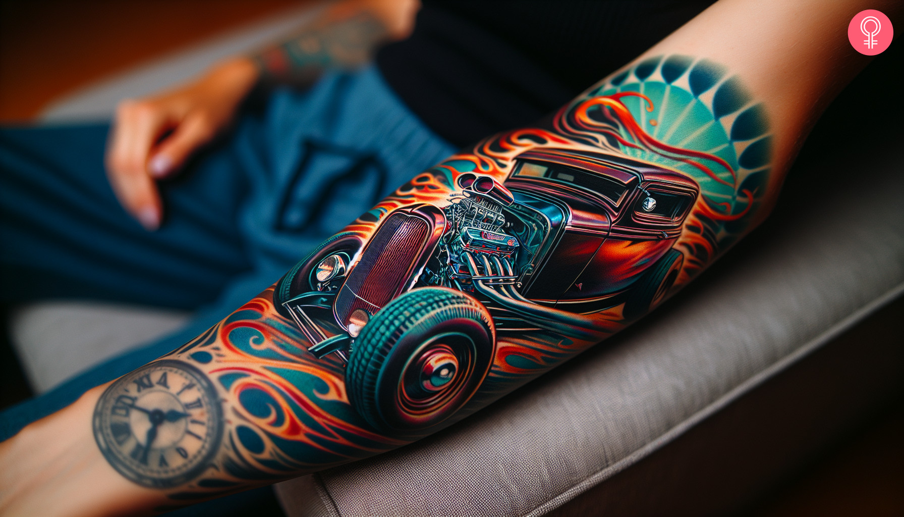 Eine Frau mit einem Hot Rod Tattoo auf dem Unterarm