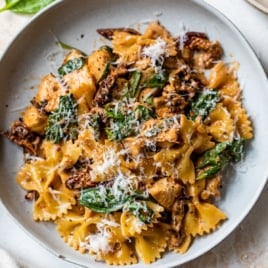 ein Teller mit einfacher und cremiger Pasta mit sonnengetrockneten Tomaten