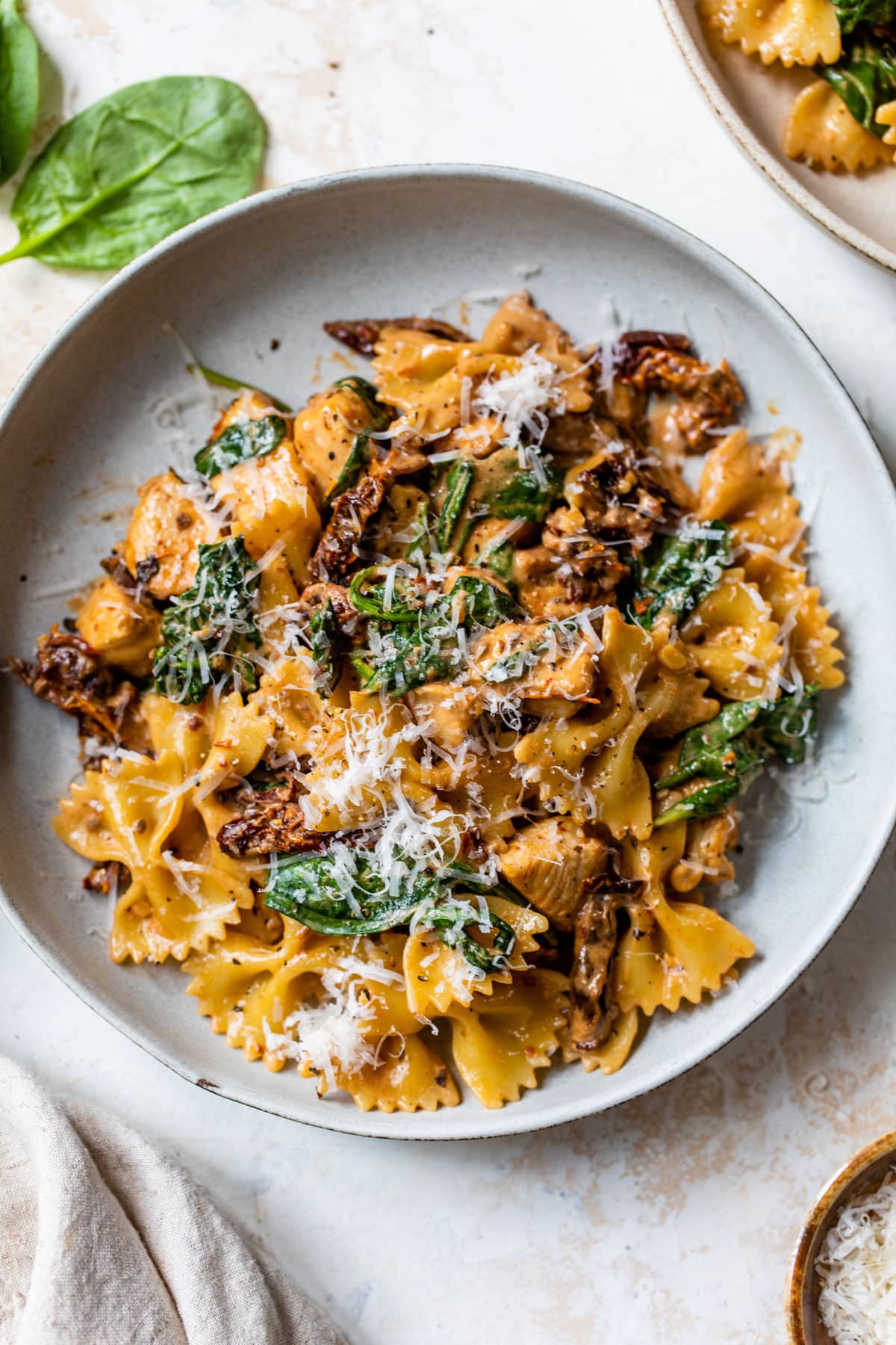 ein Teller mit cremiger, einfacher Pasta mit Hühnchen und sonnengetrockneten Tomaten