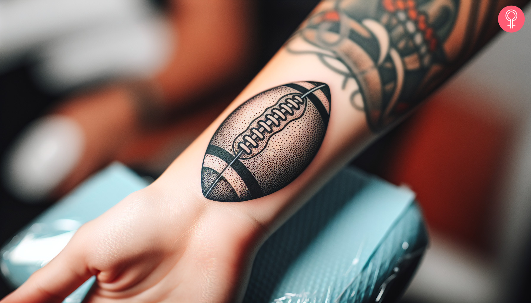 Frau mit einem American-Football-Tattoo am Handgelenk