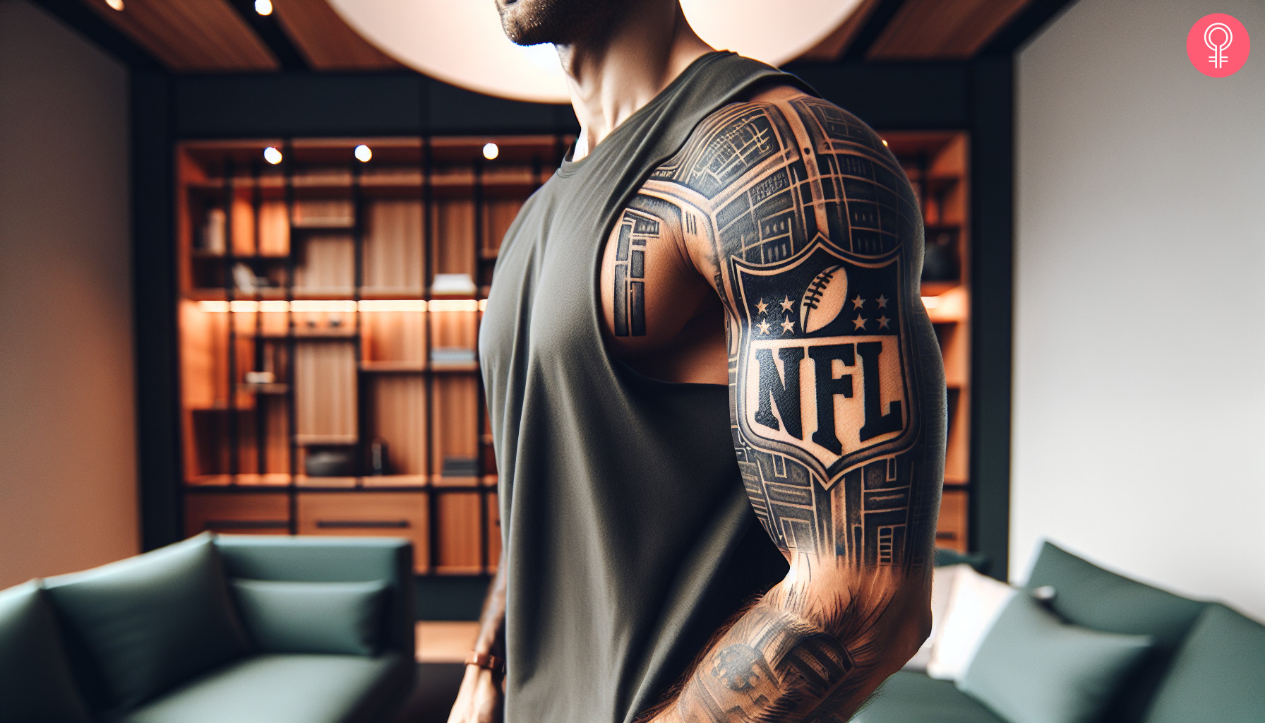 Mann mit einem American-Football-Tattoo auf dem halben Ärmel