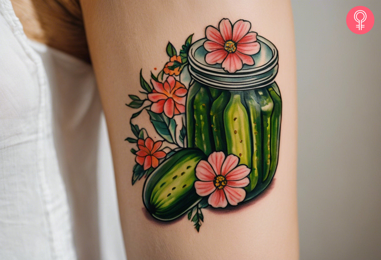 Einmachglas mit Gurken und Blumen Tattoo