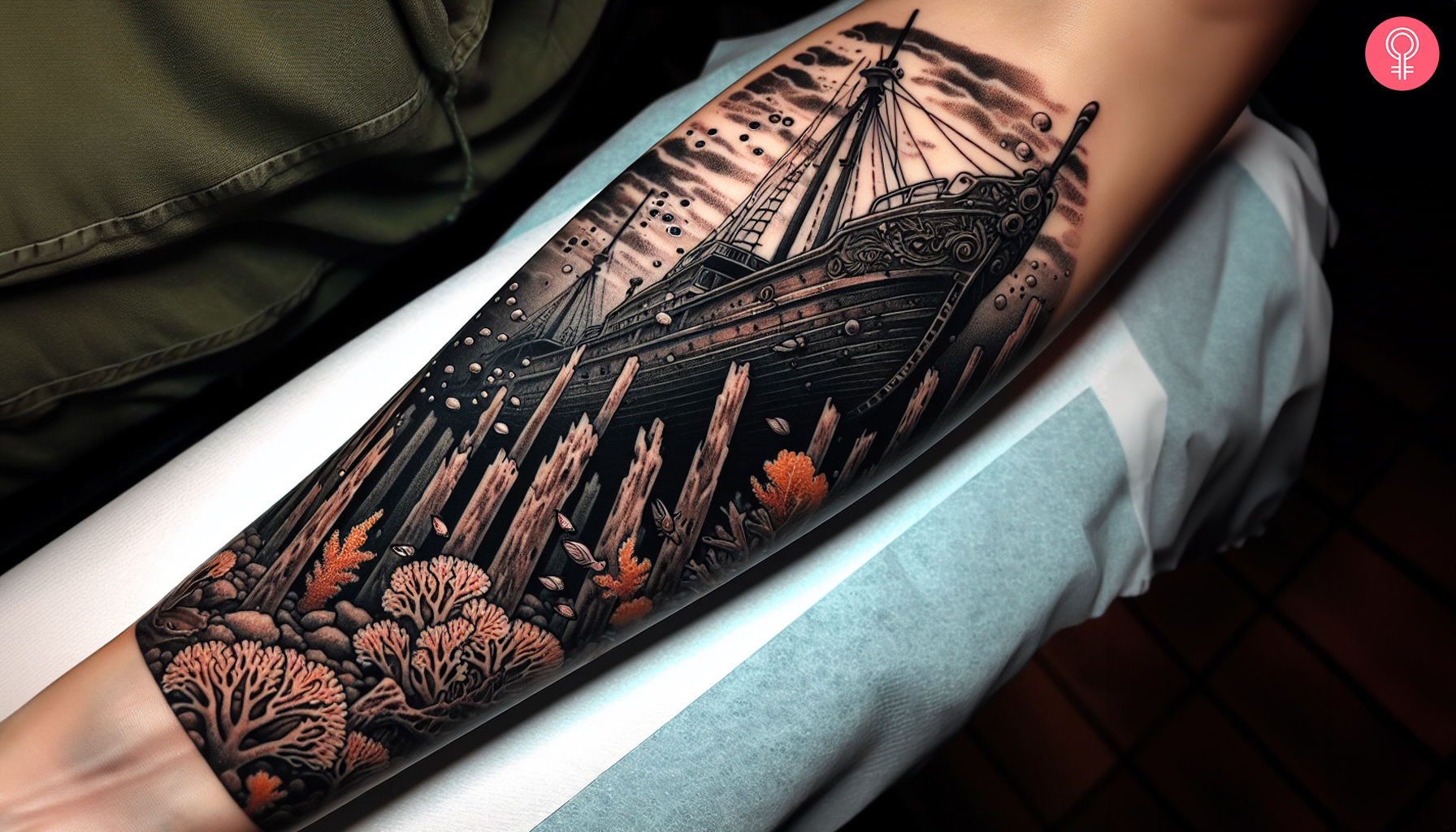 Ein traditionelles Unterarmtattoo eines Schiffes unter dem Meer