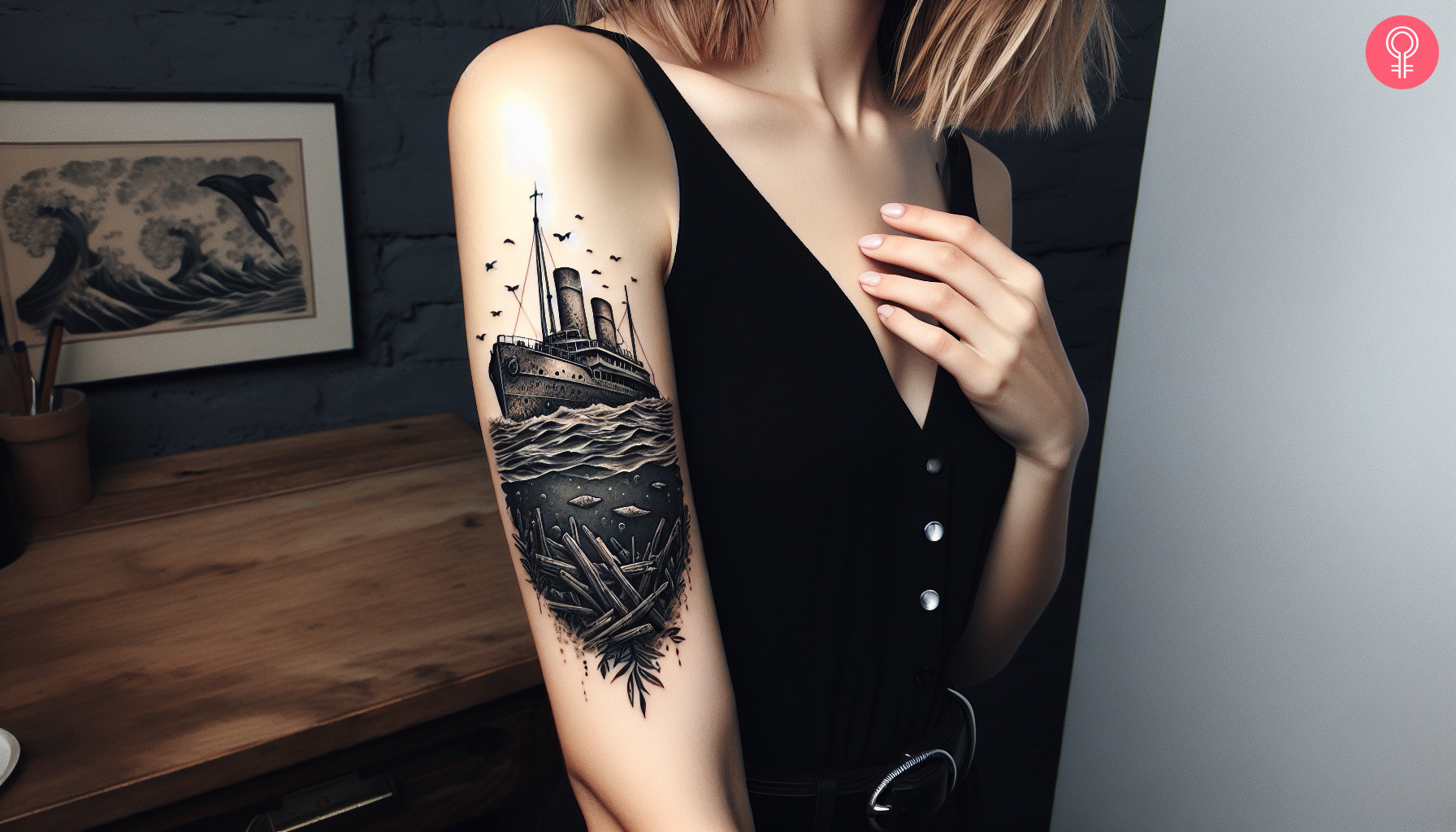 Frau mit einem traditionellen Schiffswrack-Tattoo auf dem Arm