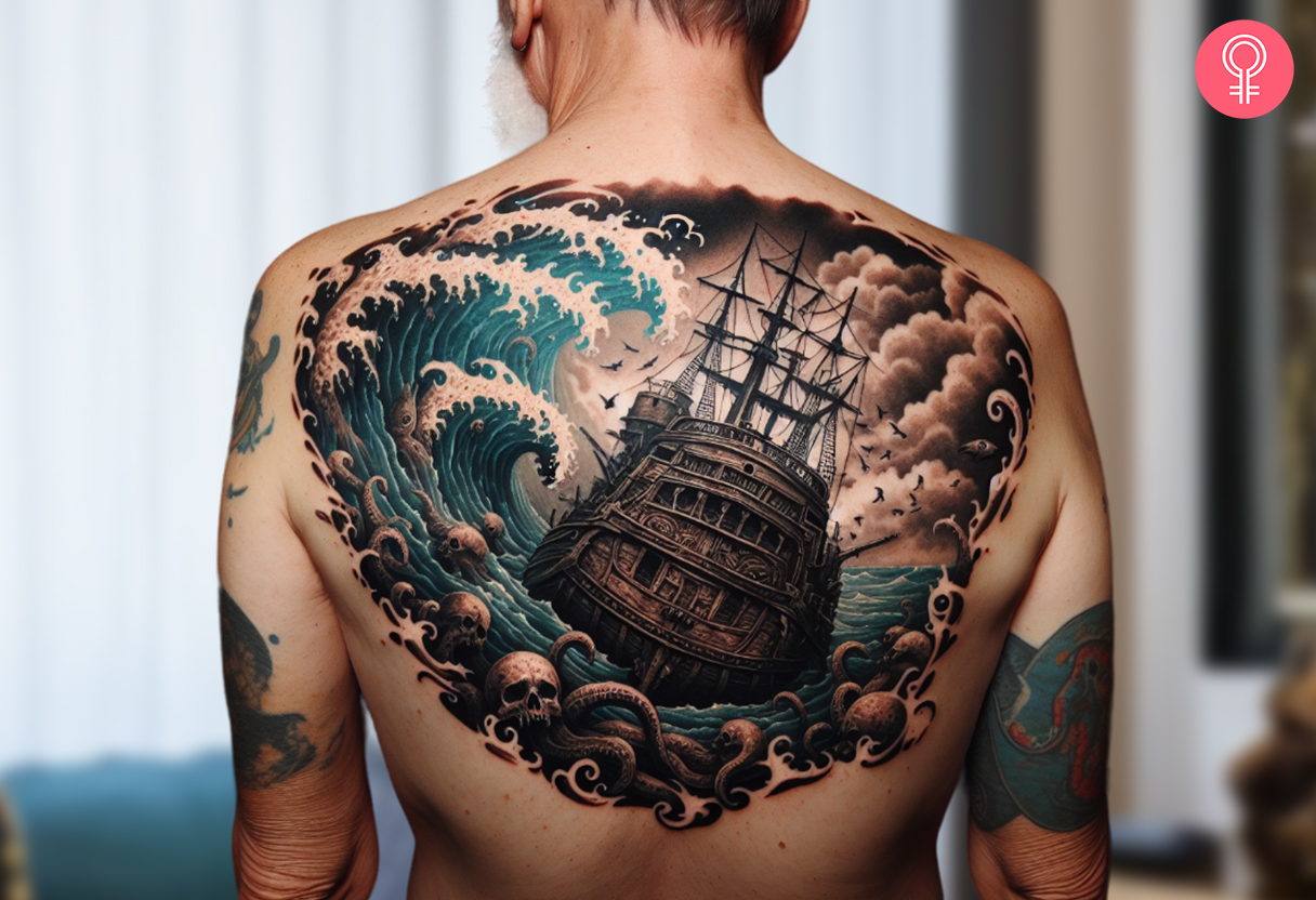 Mann mit einem realistischen Schiffswrack-Tattoo auf dem Rücken