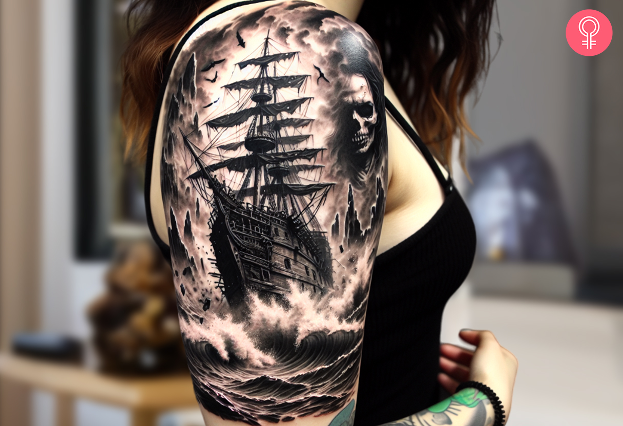 Frau mit einem Piratenschiffswrack-Tattoo auf dem Oberarm