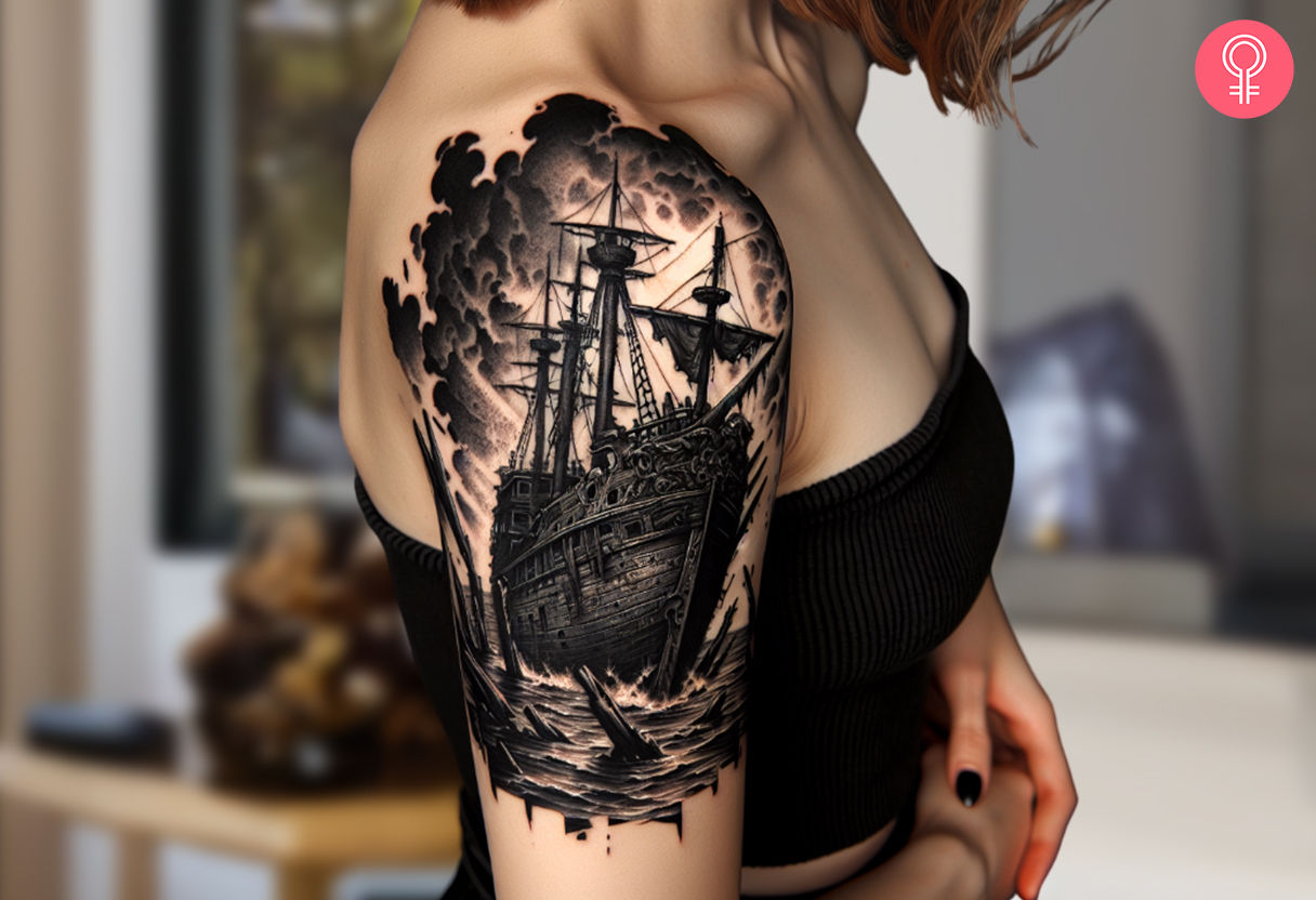 Frau mit einem Schiffswrack-Tattoo auf dem Oberarm