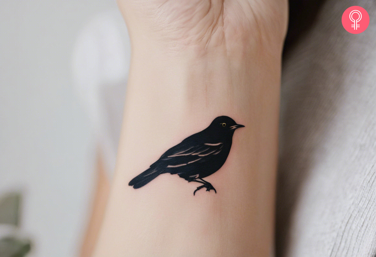 Eine Frau mit einem minimalistischen Amsel-Tattoo am Handgelenk