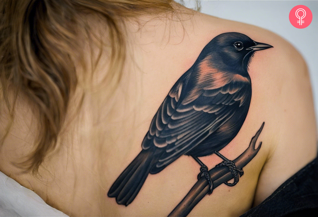 Eine Frau mit einem traditionellen Amsel-Tattoo auf der Schulter