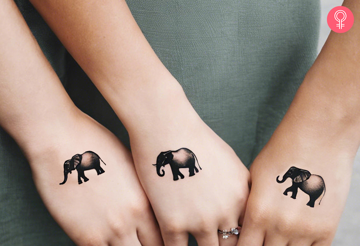 Drei Frauen mit passenden Elefantenhandtattoos