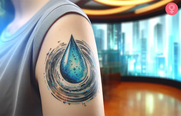 Eine Frau mit einem farbigen, realistischen Wassertropfen-Tattoo auf dem Oberarm