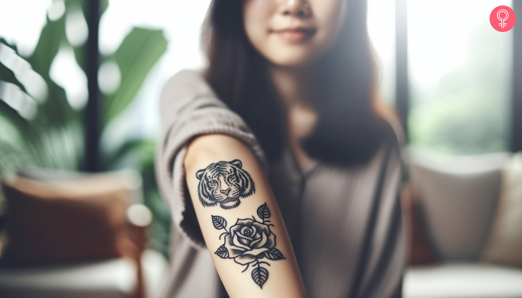 Eine Frau mit einem schwarzen Tigerrose-Tattoo auf ihrem Unterarm