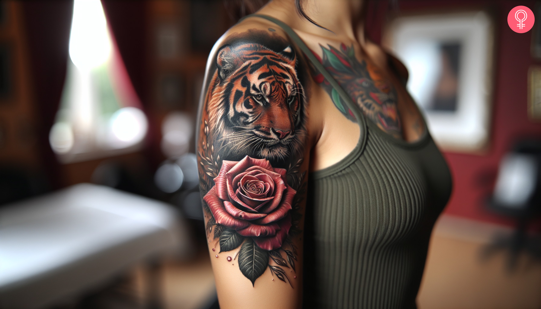 Eine Frau mit einem realistischen Tigerrosen-Tattoo auf ihrem Oberarm