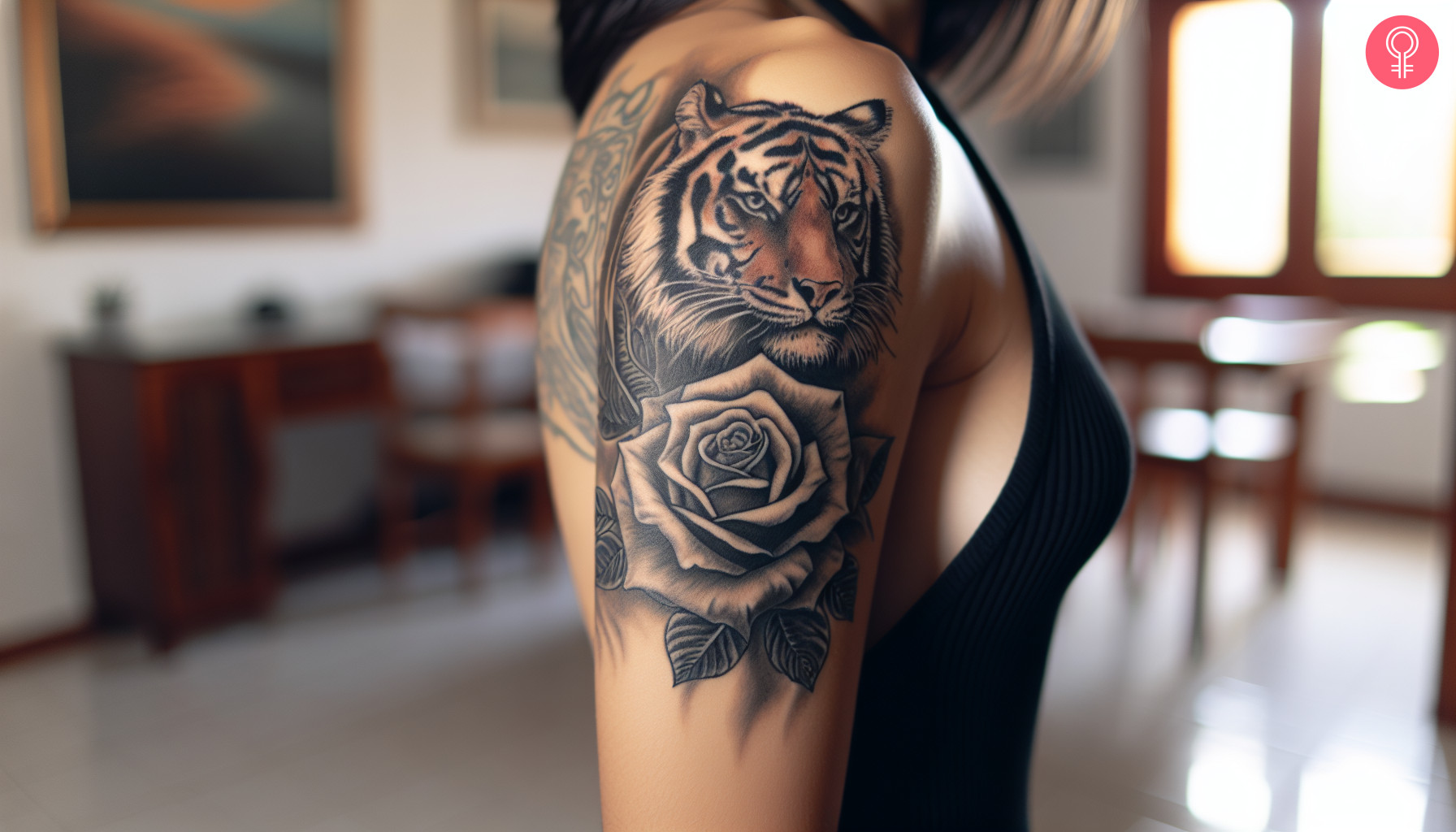 Eine Frau mit einem Tigerrosen-Tattoo auf dem Oberarm