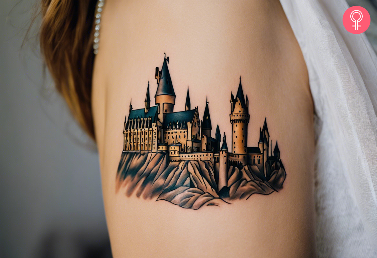 Eine Frau mit einem Hogwarts-Schloss-Tattoo auf ihrem Bizeps