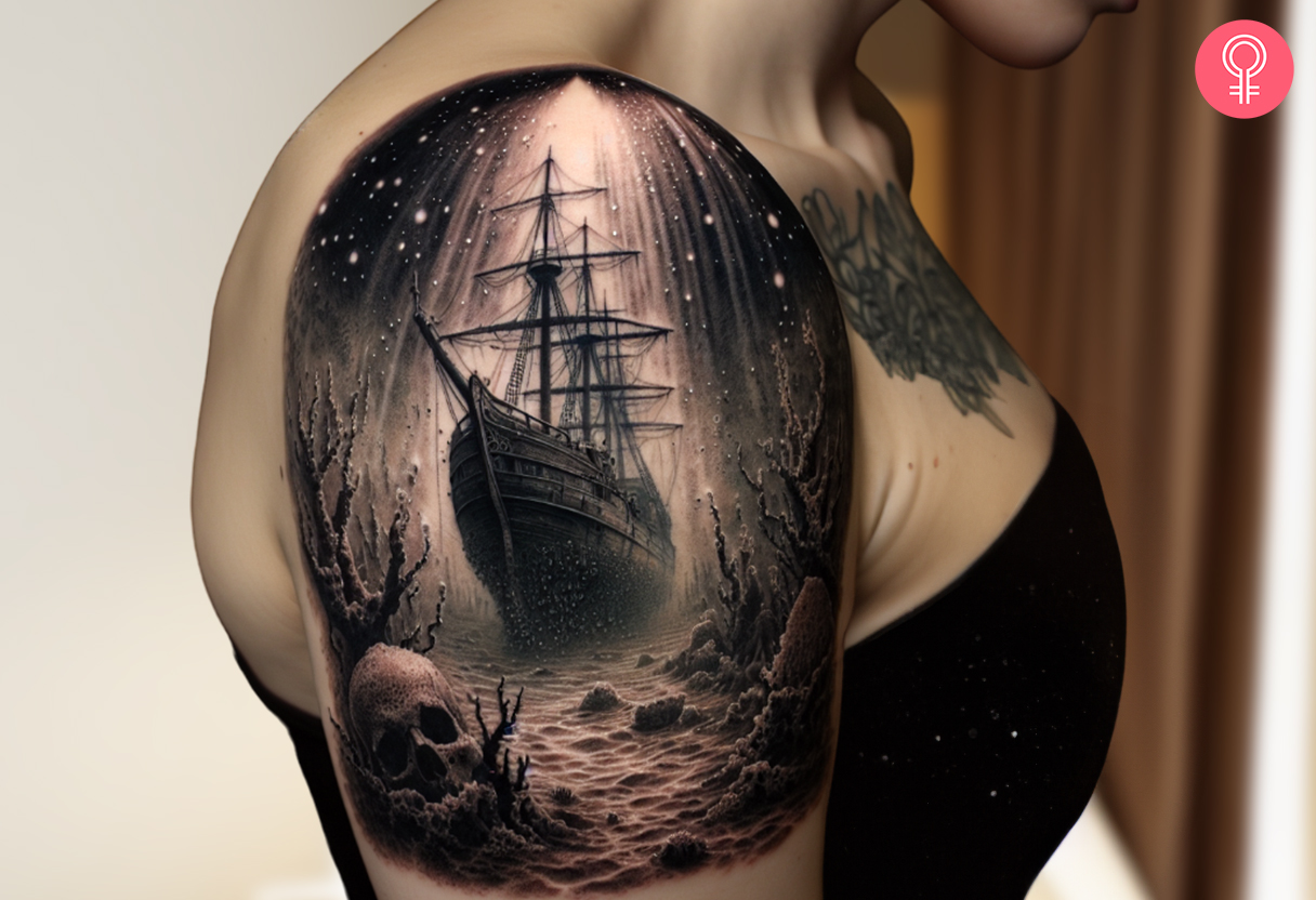 Frau mit einem Unterwasser-Schiffswrack-Tattoo auf dem Oberarm