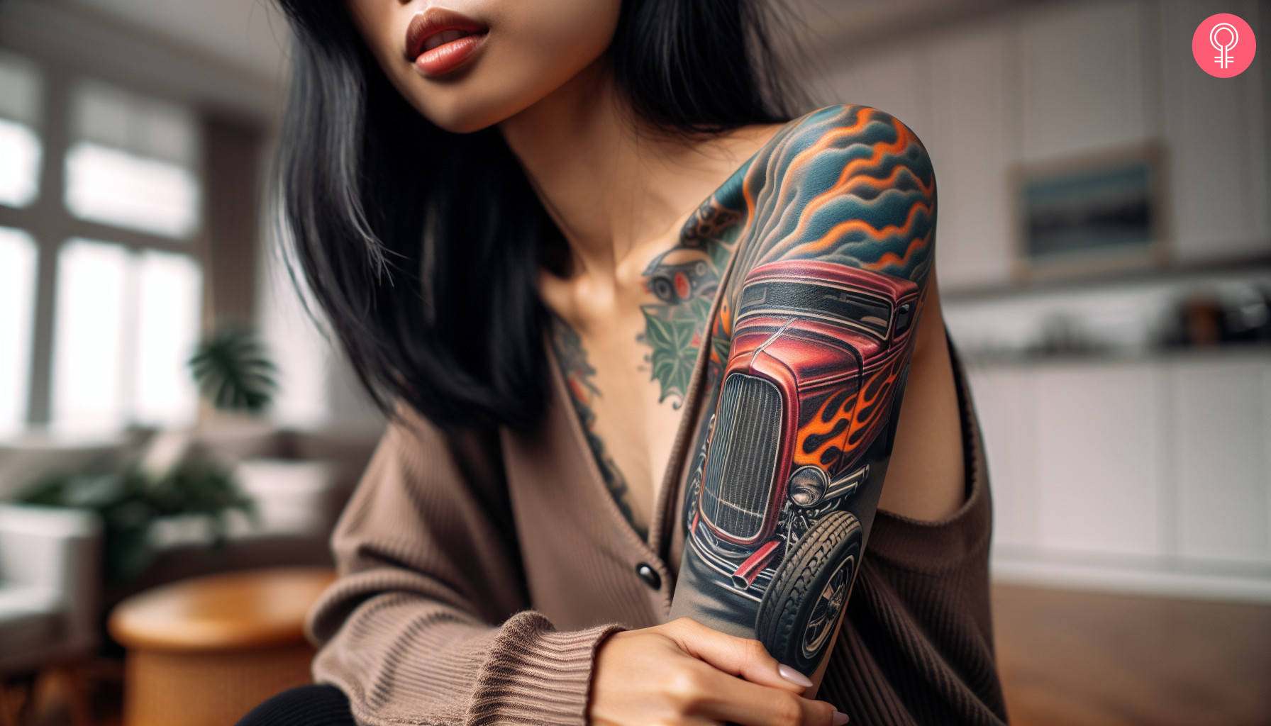 Eine Frau mit einem Hot Rod Tattoo am Arm