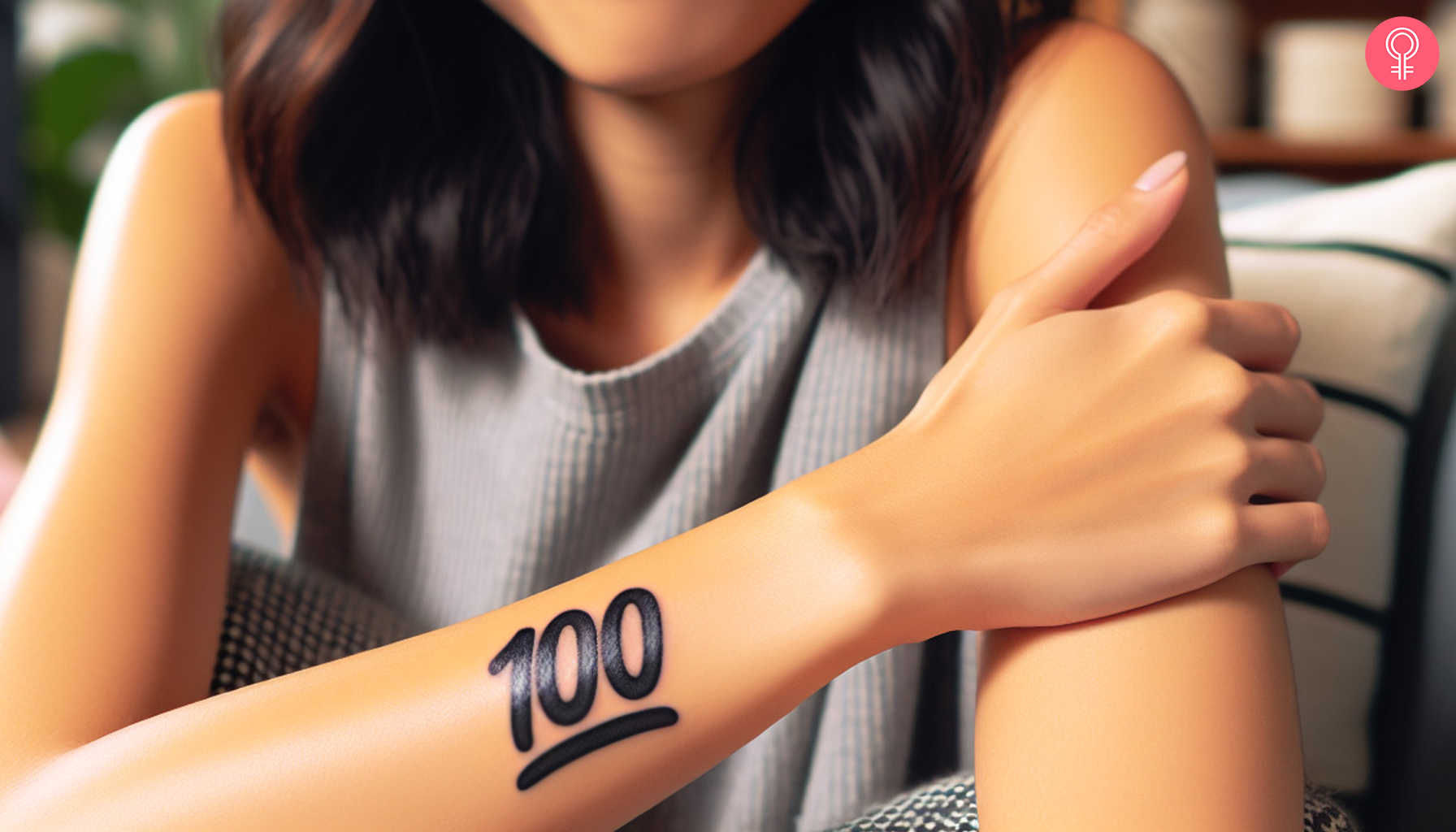 Ein 100-Emoji-Tattoo auf dem Arm einer Frau