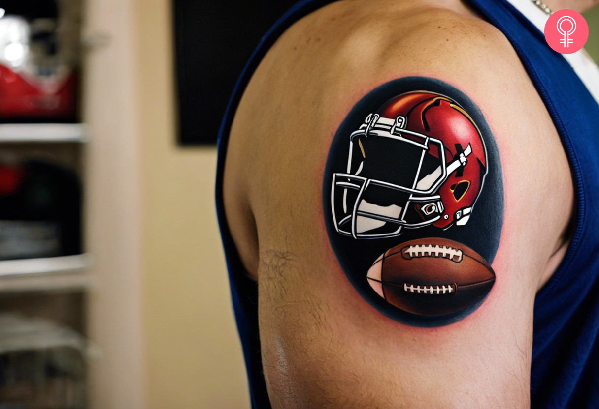 American Football Helm und Ball Tattoo auf dem Oberarm eines Mannes