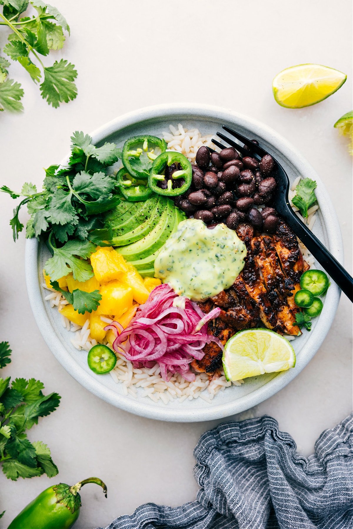 Chicken Rice Bowl in a bowl with all the delicious toppings.