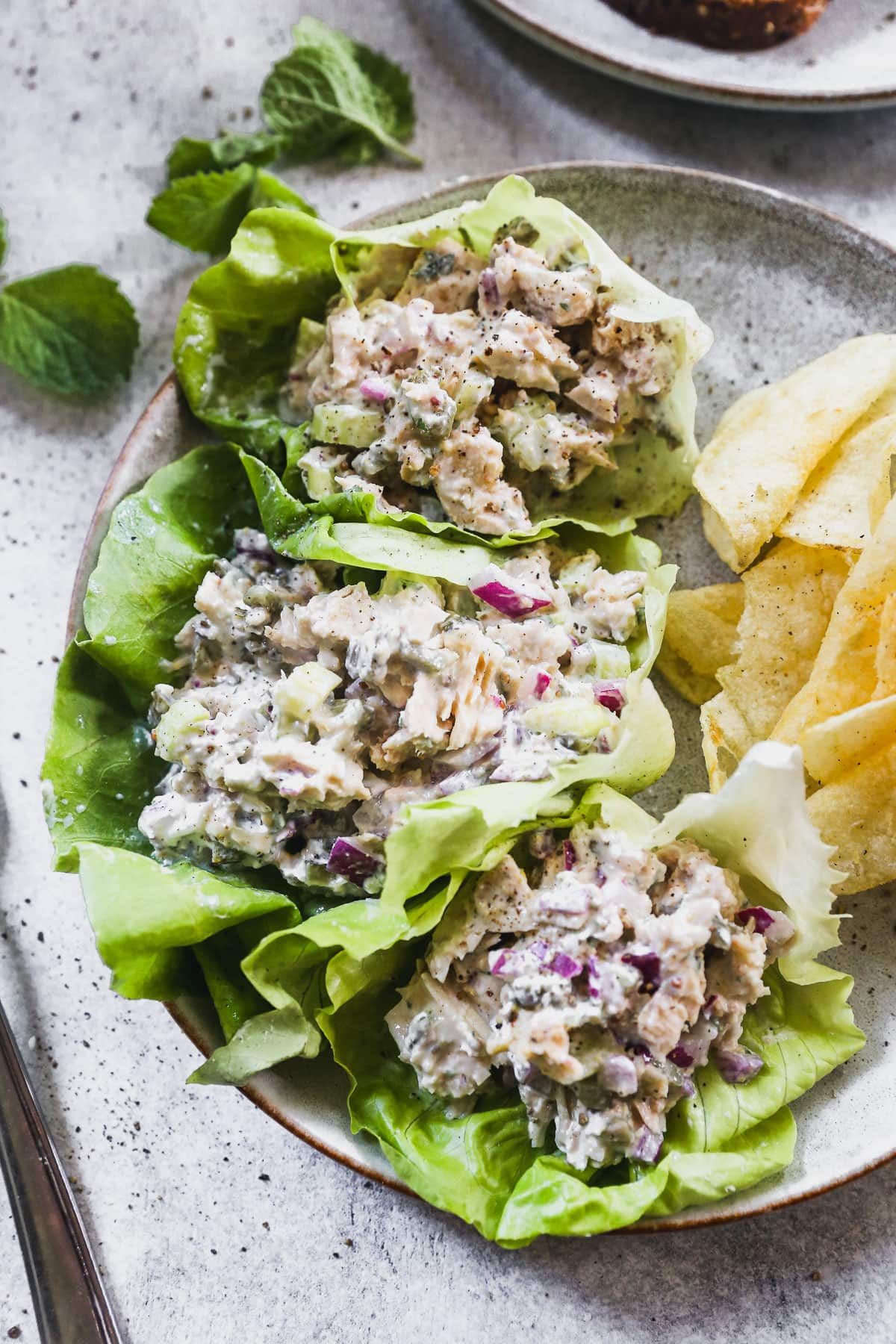 The best tuna salad in lettuce cups on plate