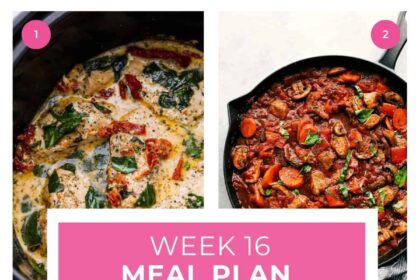 A collage of 5 photos along with a graphic that says week 16 meal plan.