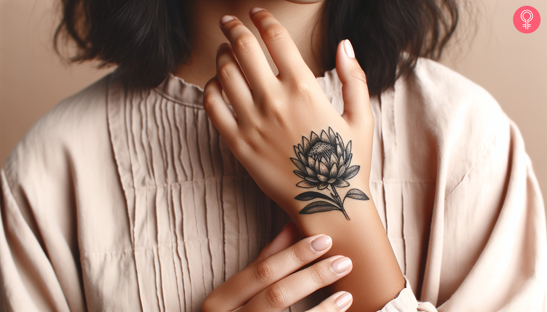 Ein Protea-Tattoo mit schwarzer Tinte auf dem Handrücken