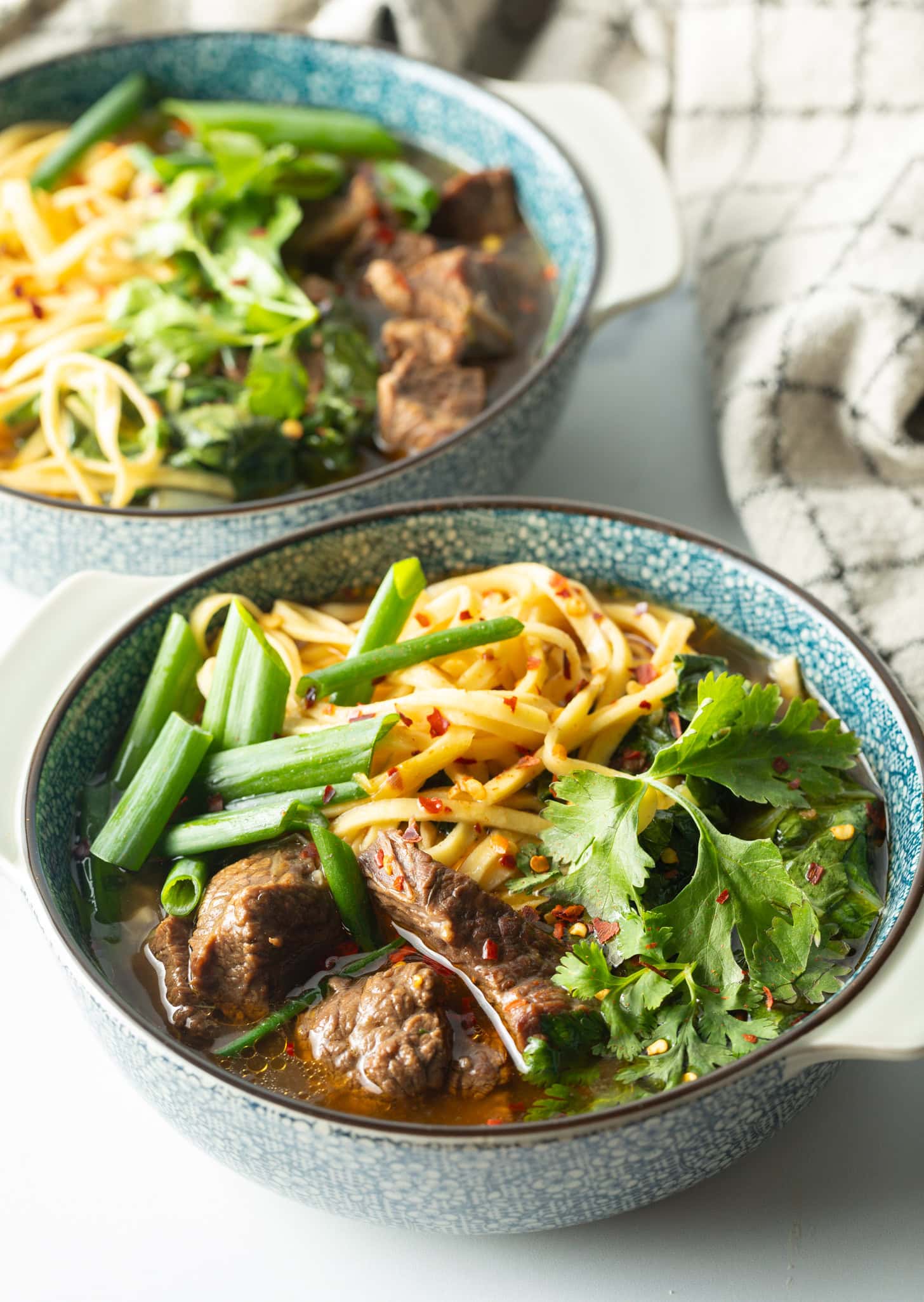 Bowl of Taiwanese beef soup with noodles, green scallions, and chopped bok choy.